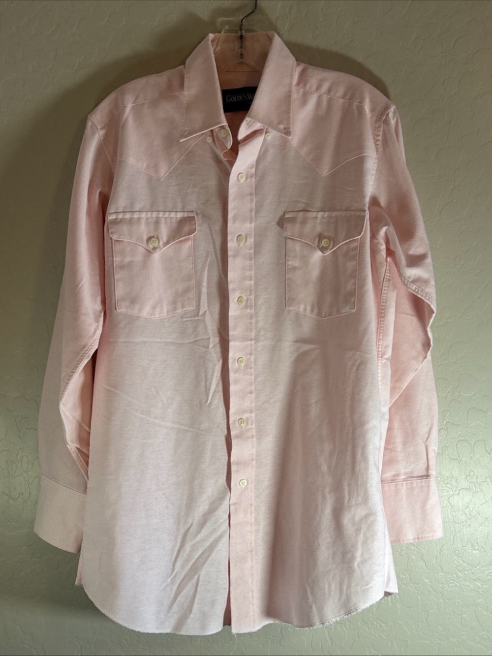 VTG Golden West Panhandle Slim White Pink Western Cowboy Button Up Shirt 15.5x33